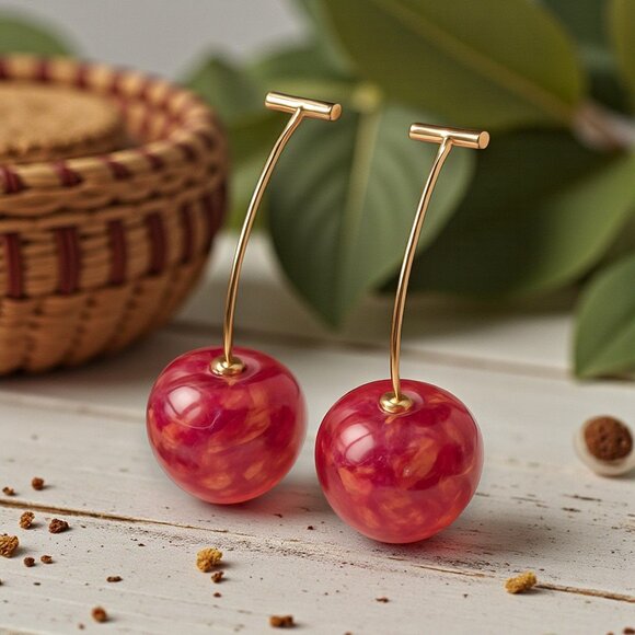 🆕Cherry Statement Drop Earrings Resin Dried Flowers Gold-Tone Mixed Metals 🍒 - Picture 1 of 13